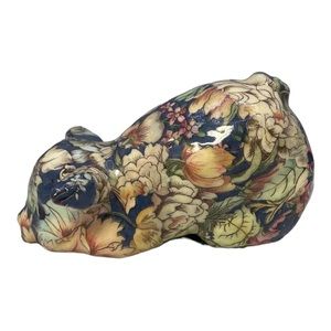 Decoupage Glazed Ceramic Pig Figurine Blue Peach And Cream Flowers